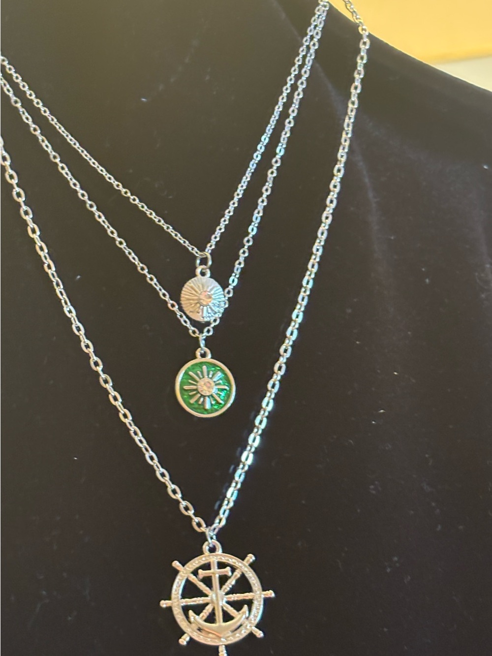 Silver Layered Daisy & Compass Necklace with Green Enamel Pendant